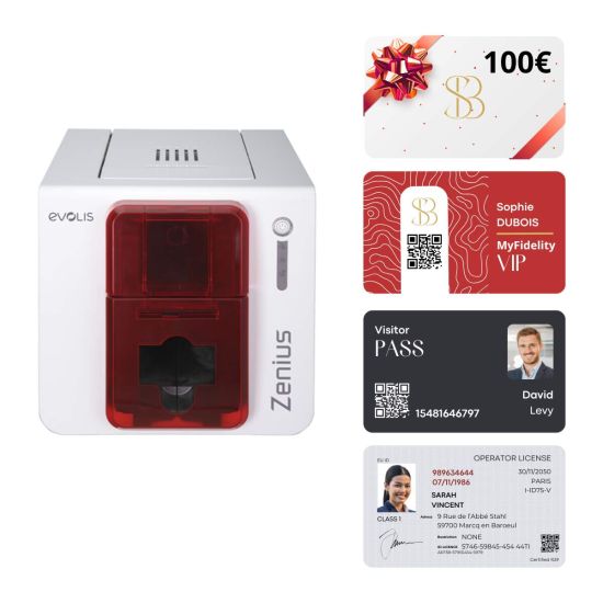 PVC-kaartprinter - voorbeeld van afdrukken van cadeaukaarten, klantenkaarten, passen, badges - Evolis ZENIUS Expert