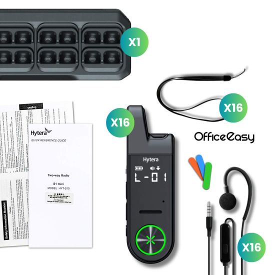 Pack van 16 Hytera S1 Mini + Oplaadstation 16 slots - oortjes radio's polsbanden voor verkoper, server, professioneel team