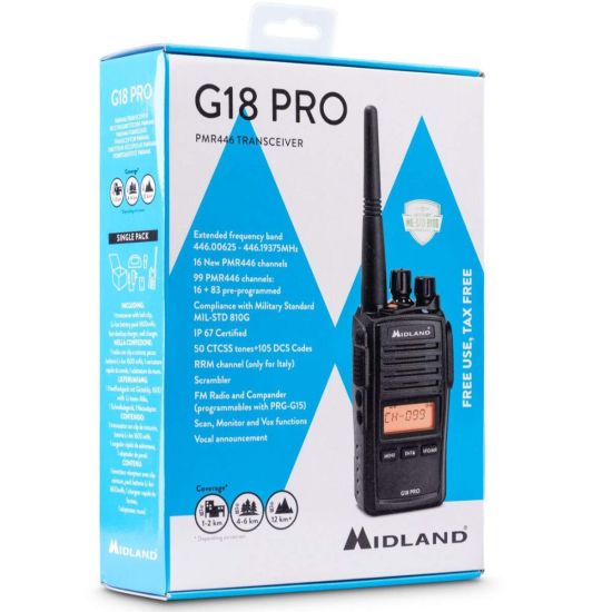 Midland G18 Pro  - talkie-walkie professionnel PMR446 sans licence, étanche IP67 avec fonction brouilleur - boite