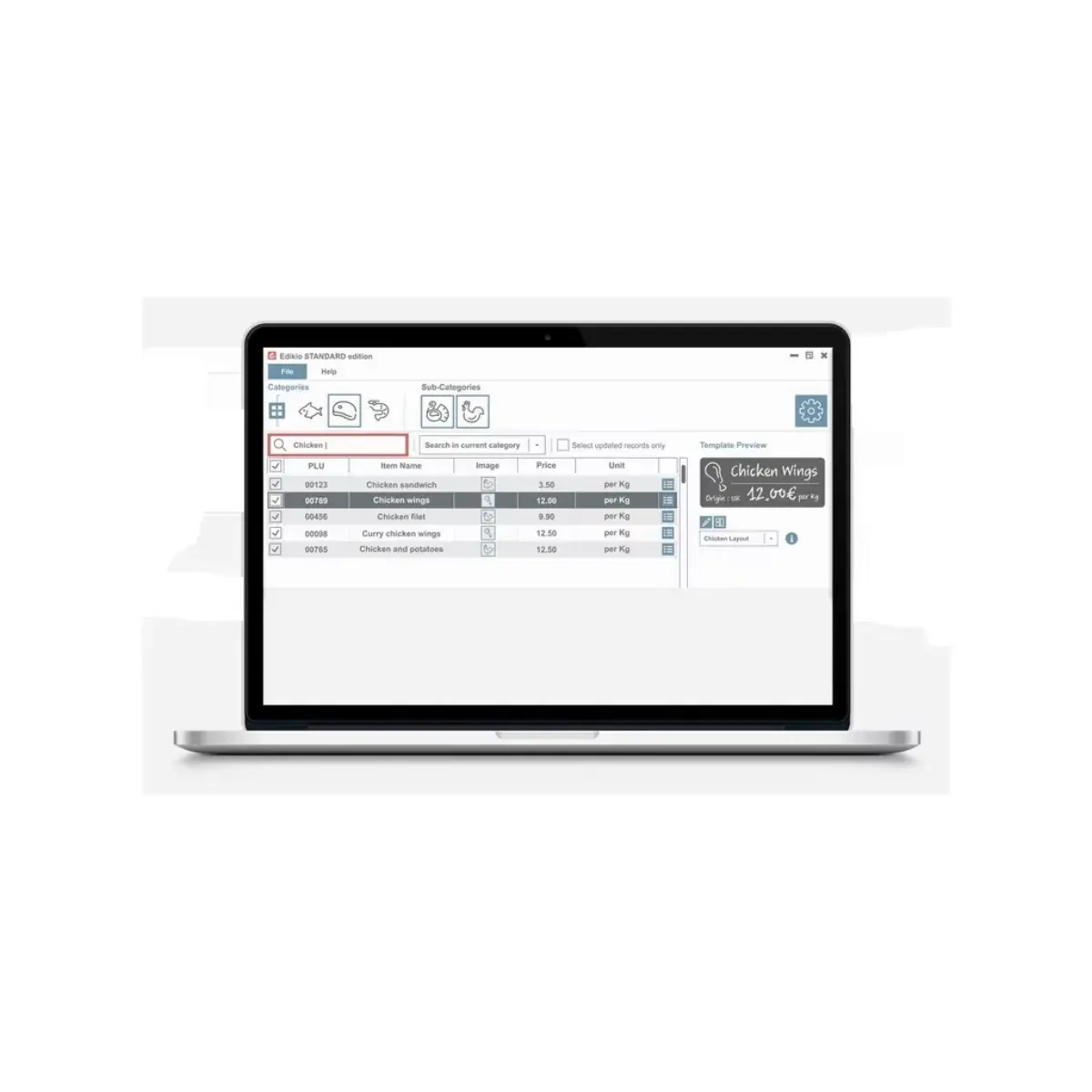 Edikio Price Tag Edition Pro software - interface voor prijskaartbeheer