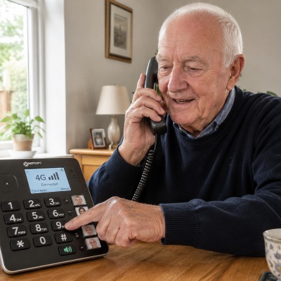 Oudere persoon die een vaste telefoon met SIM-kaart en grote toetsen gebruikt