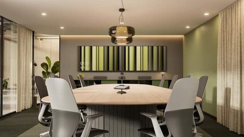 Vergaderruimte uitgerust met de Logitech Rally AI Camera Pro in gebruik