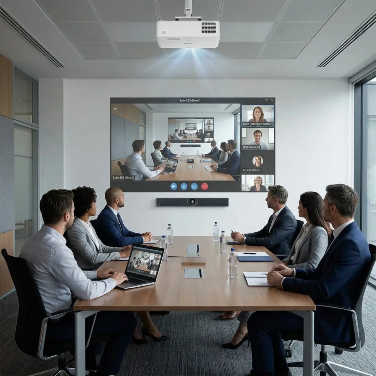 Videoconferentiebar en projector in vergaderruimte